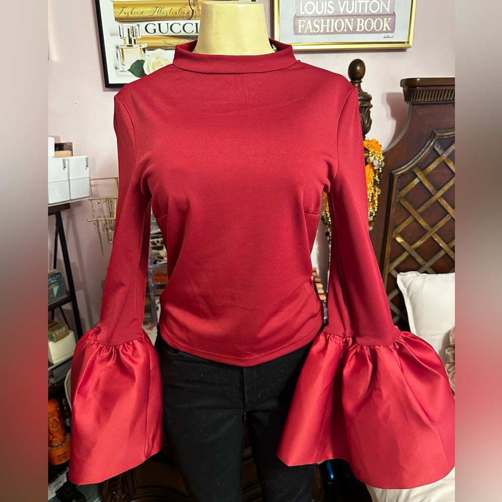 Fashion Nova Red Flared Sleeve Blouse